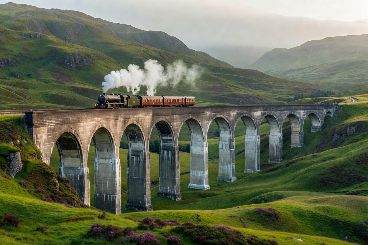 A classic train traversing the curved multi-arched concrete structure of the Glenfinnan Viaduct amid green hills