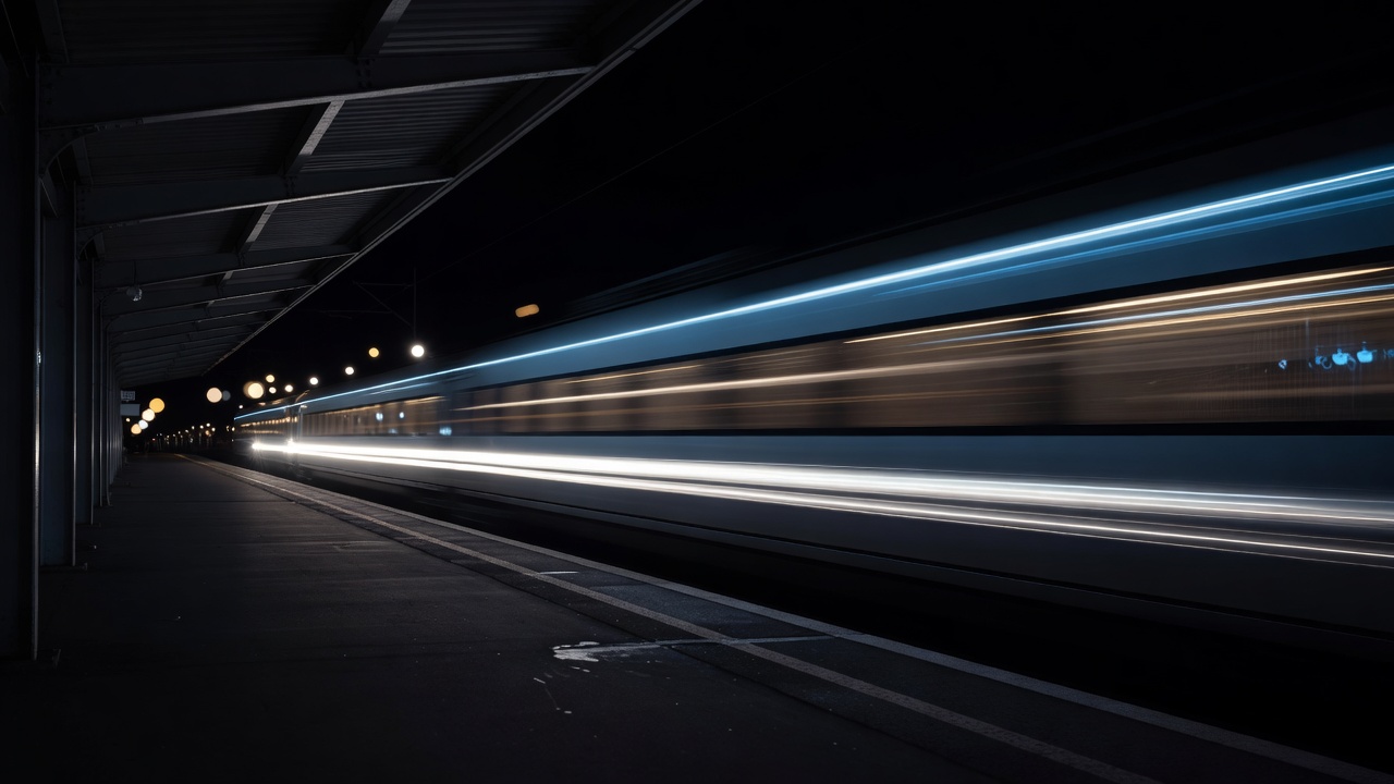 A long illuminated passenger train speeding past a dark station platform at night, captured in a long-exposure streak