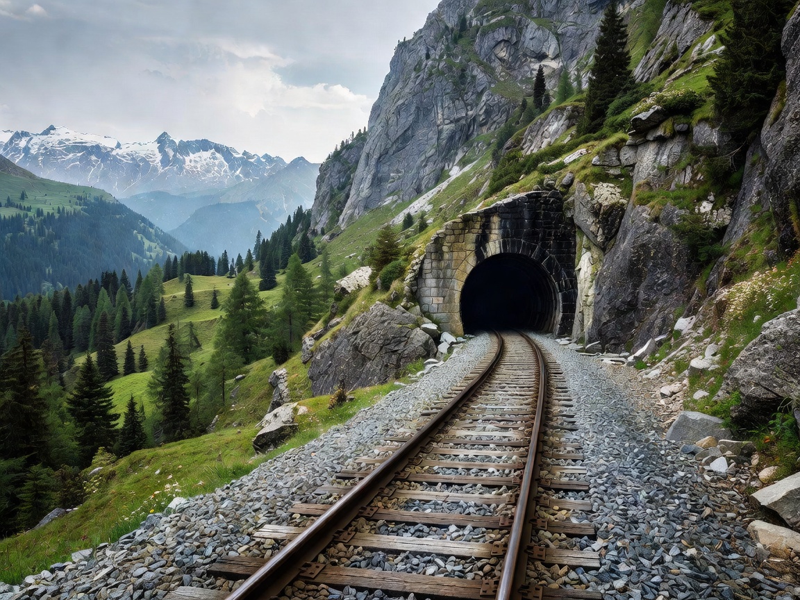 A sweeping view of alpine railway tracks disappearing into a distant tunnel