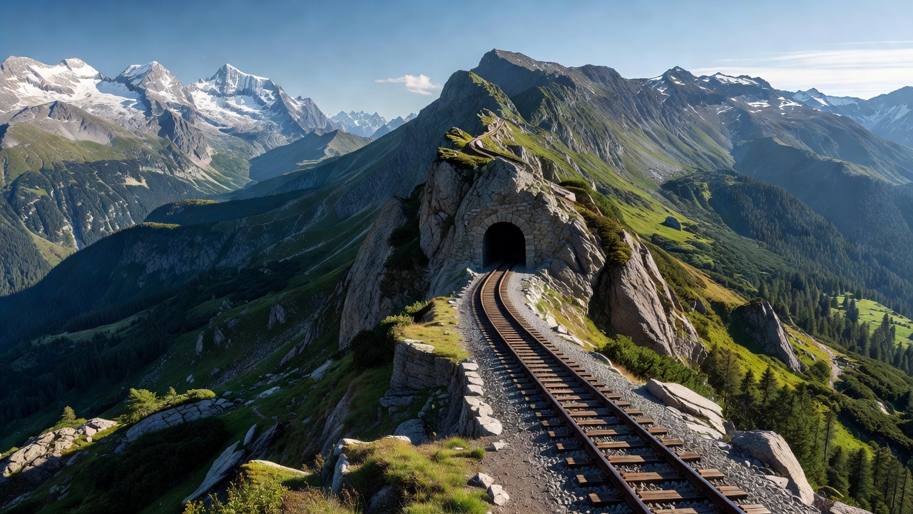 A sweeping view of alpine railway tracks traversing a steep mountain ridge towards a stone tunnel