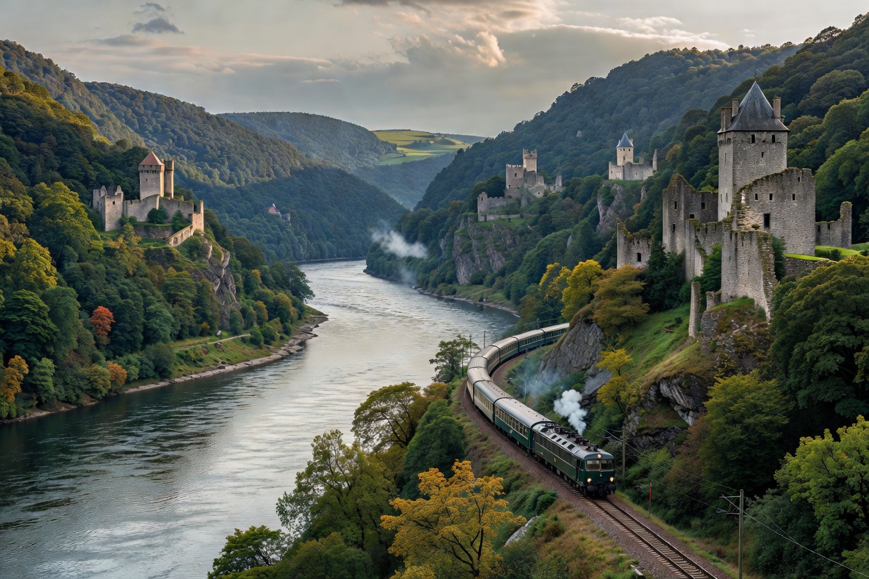 A train curving alongside a wide European river bordered by steep hills and ancient castles