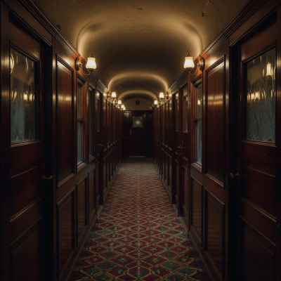 The dim internal layout of a classic European train car corridor