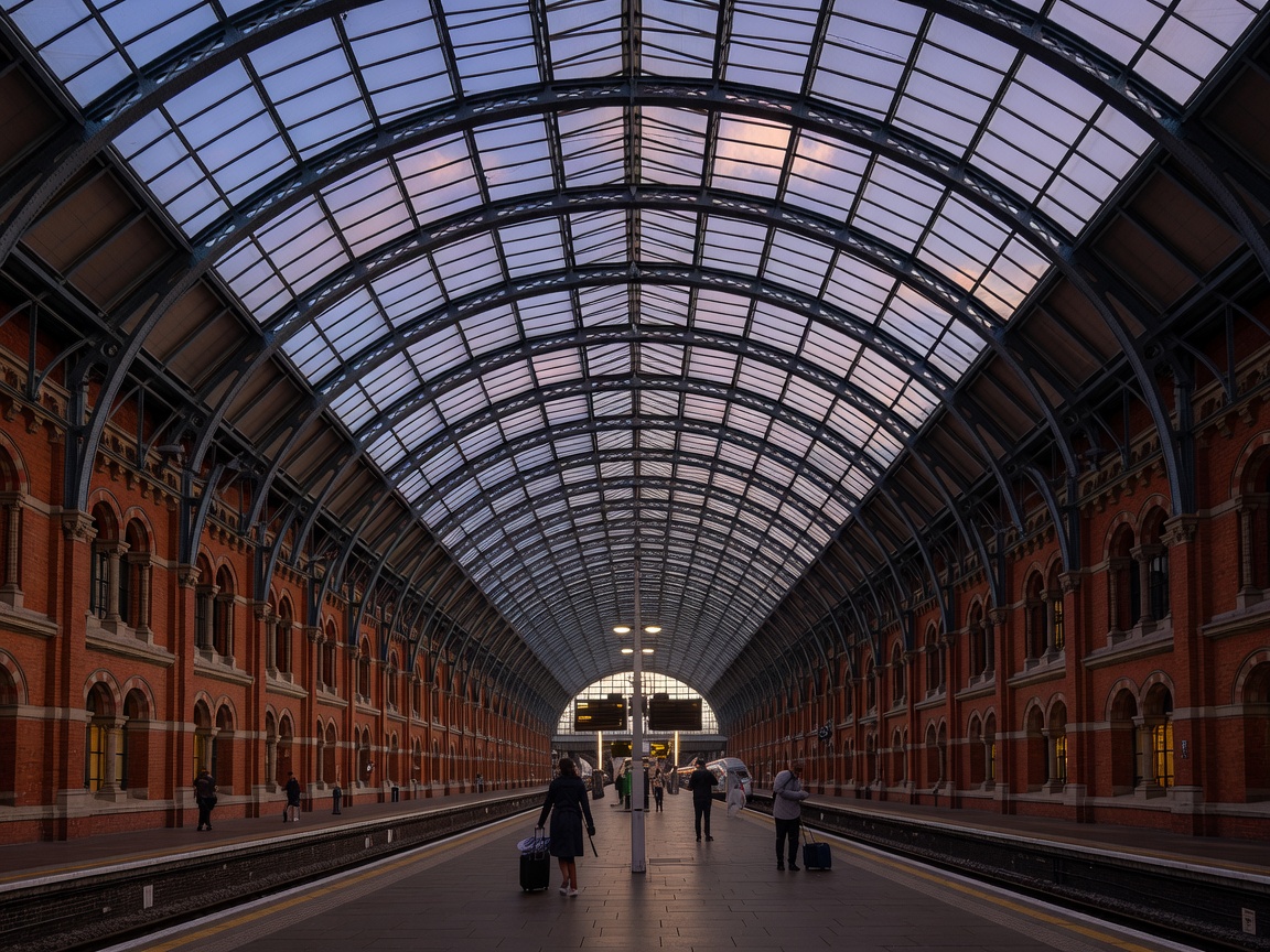 The expansive arched glass roof and brick facades of London St Pancras International station at dusk