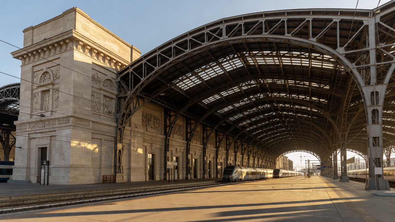 The monumental stone façade and vast steel train shed of Milano Centrale station