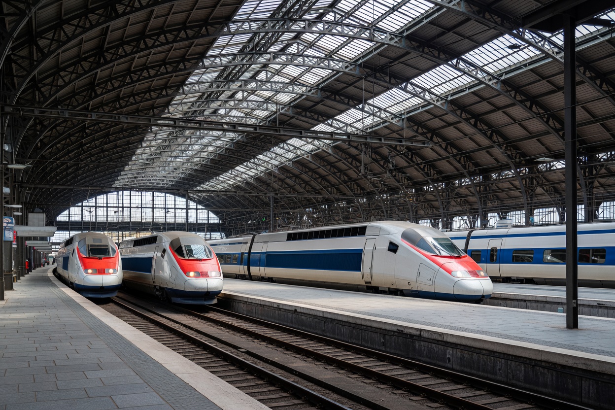 The platforms and stationed high-speed trains inside Paris Gare de Lyon beneath a metal lattice roof