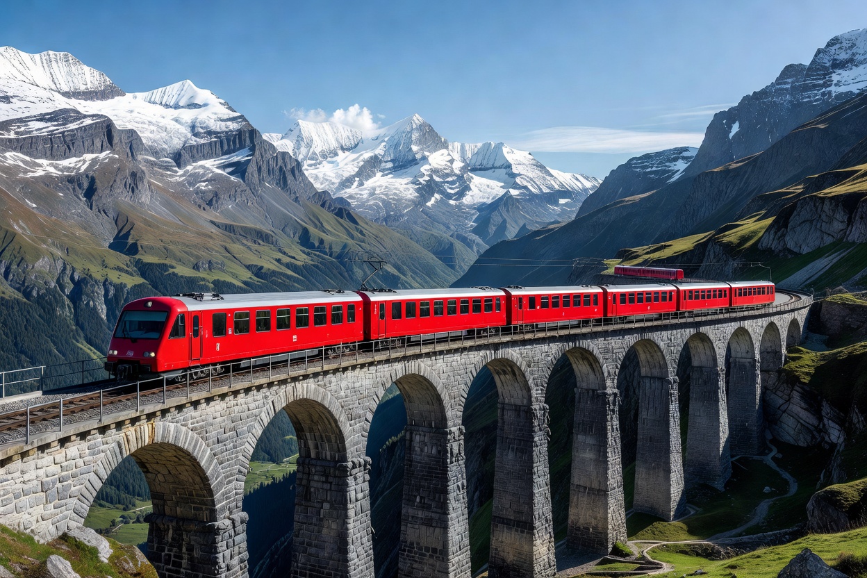 The red carriages of the Bernina Express curving across a stone viaduct in the snowy Swiss Alps