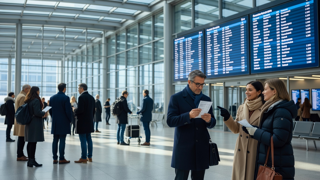 Travellers examining tickets and departure screens in a brightly lit, modern European station concourse
